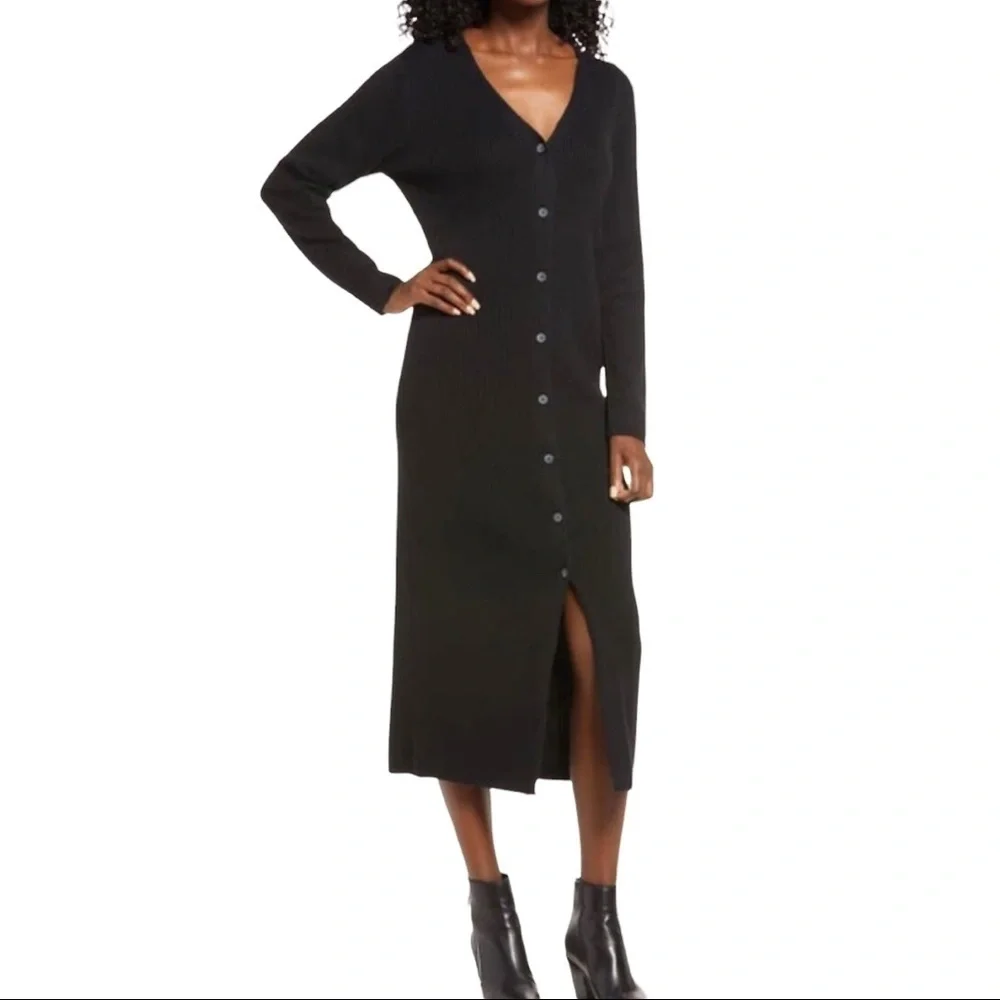 Treasure & Bond Dress V Neck Midi Sweater Ribbed Dress Black Size Large - Picture 1 of 9